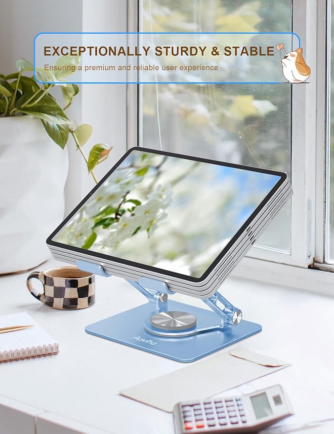 Aoviho Rotating Tablet Stand for Desk - [Adjustable] Drawing Stand for iPad, Portable Aluminum Desktop Holder, Compatible with 4.7–12.9 inch Devices, (Sky Blue)