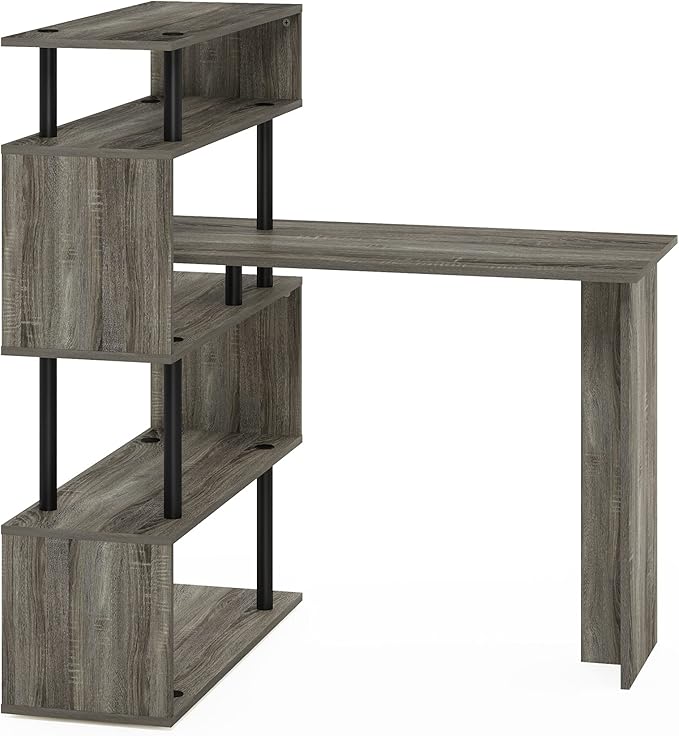 Furinno Classic L Shape Computer Desk, Gaming Desk, Office Desk with 5-Tier Shelves, 40" Wide, for Home Office, Study, Gaming, Grey Oak