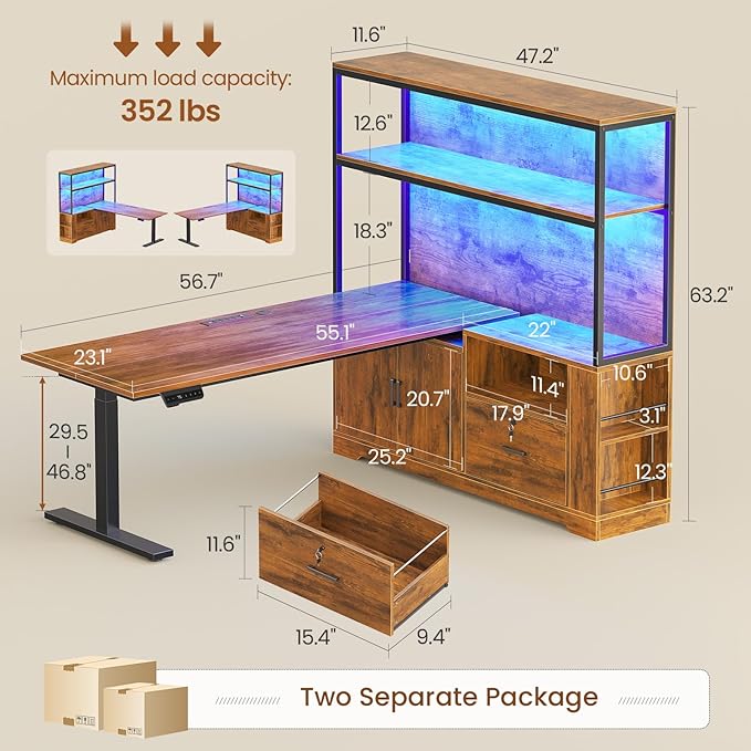 SEDETA 56.7" L Shaped Standing Desk, Reversible Computer Office Desk with Drawers & Hutch, Stand Up Corner Gaming Desks with LED Lights & Power Outlets for Home Office, Rustic Brown
