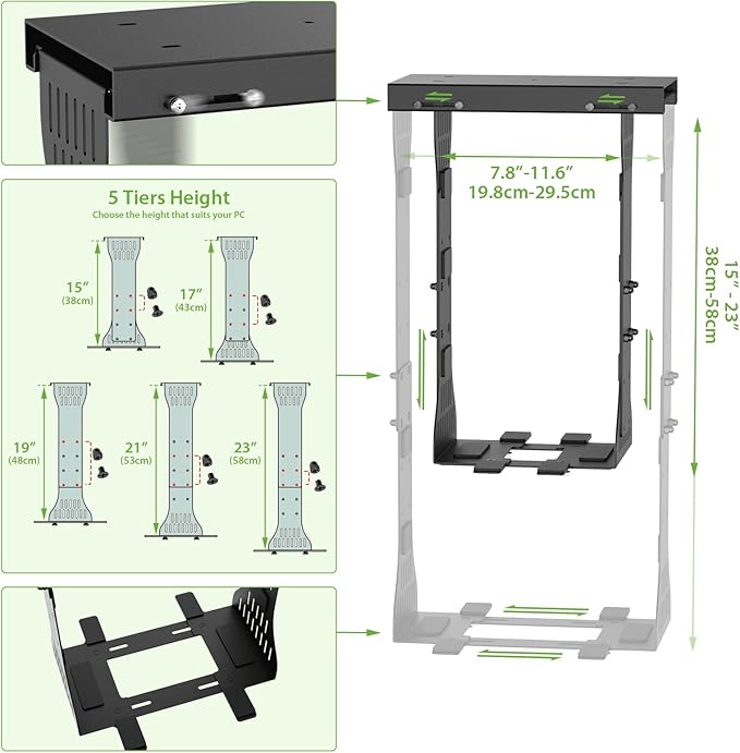 KEEGH Heavy Duty Under Desk PC Mount Adjustable Under Desk Computer Mount Supports Up to 90 lbs PC Mount with Secure Locking for Standing Desk, Black