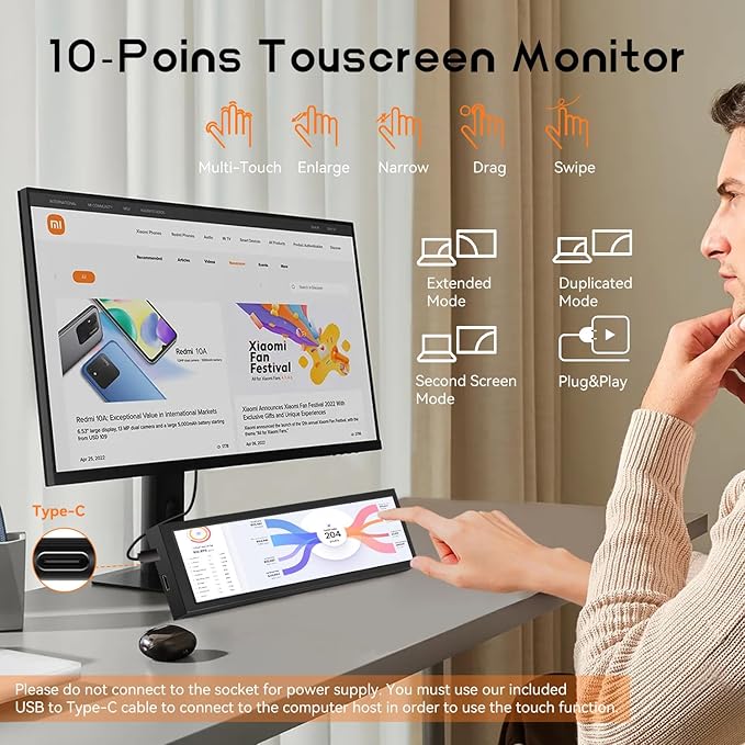 8.8 Inch Small Touchscreen Monitor, PC Temperature Display 1920x480, 60Hz HDMI PC Sensor Panel Display, IPS Mini Screen for Raspberry Pi, AIDA64 CPU RAM Data Temperature Monitor for ARGB Computer Case