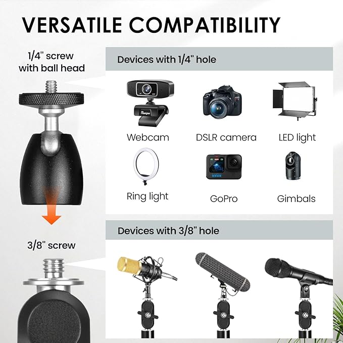 TARION Camera Desk Mount Overhead: Articulated Camera Arm Stand with Clamp 3/8'' 1/4'' Screws Adjustable Table Mount Flexible Gear Joints for DSLR, Phone, Projector TKA01-L (Upgraded Version)