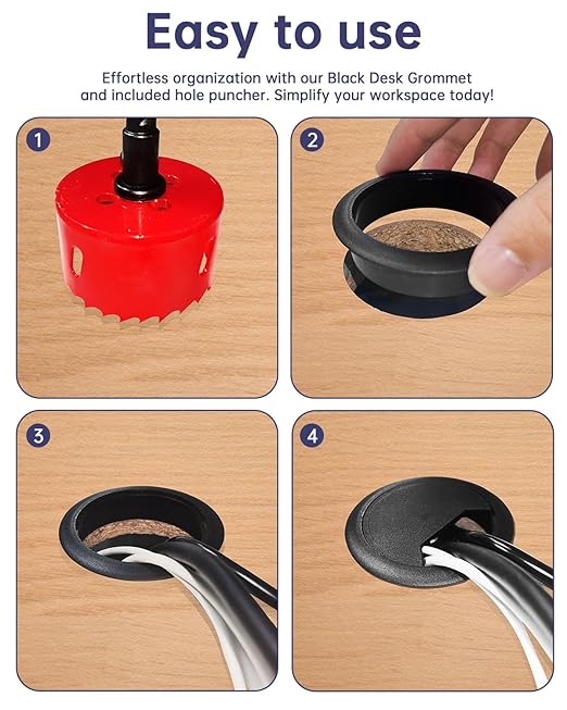 Desk Grommet 3-1/8 inch (80mm) - 8 Pack Black Cable Grommet & Desk Hole Cover with Hole Saw for Cables, Cord Management for Office, TV, and Home Table