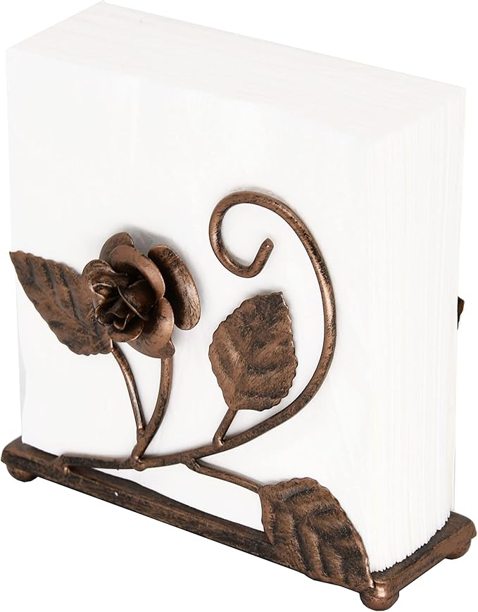 OwlGift Bronze Napkin Holder – Rose Design Metal Napkin Storage for Tables Modern Serviette Organizer – Tissue Dispenser Perfect for Outdoor Events – Decorative Clear Cocktail Napkin Kitchen Décor