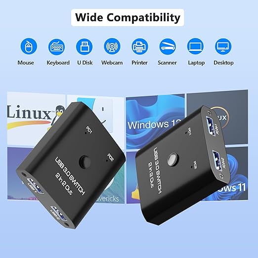 2 in 2 Out USB 3.0 Switch, USB Switcher for 2 Computers Sharing Keyboard, Mouse, Printer, USB Sharing Switcher for Windows/Mac/Linux, 2 Port USB Selector Switch with 2 USB3.0 Cables, Plug and Play