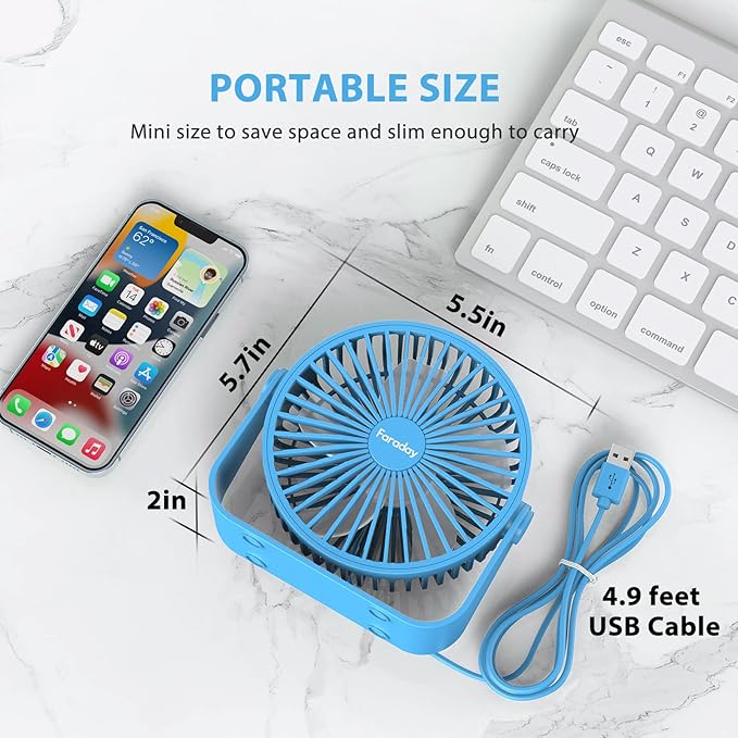 FARADAY USB Desk Fans 5 Inches Portable Table Fans 360° Head Rotation Small Personal Desktop Fan for Home Office, 3 Speeds, Blue