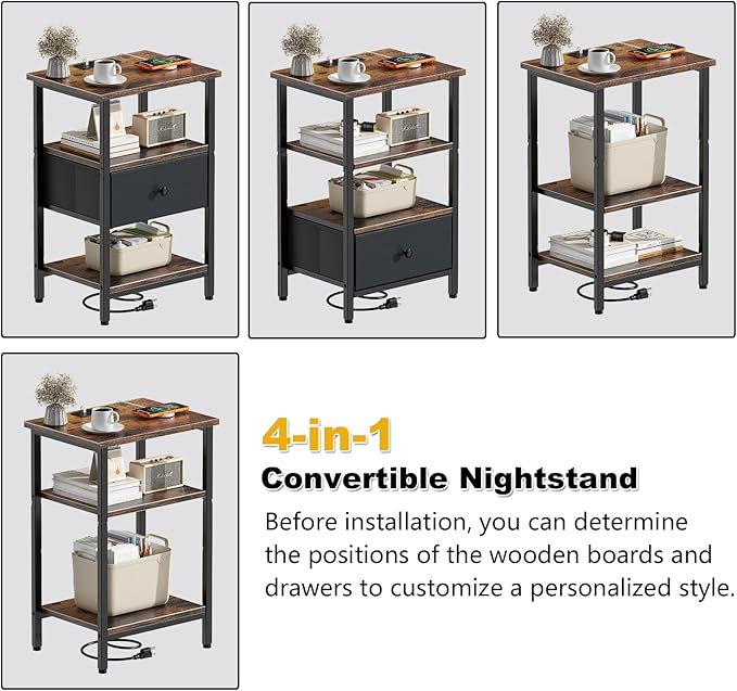 Side Table with Charging Station, Nightstand with Adjustable Fabric Drawer, Bedside Table for Bedrooms, Living Rooms & Home Decor (Brown Black)