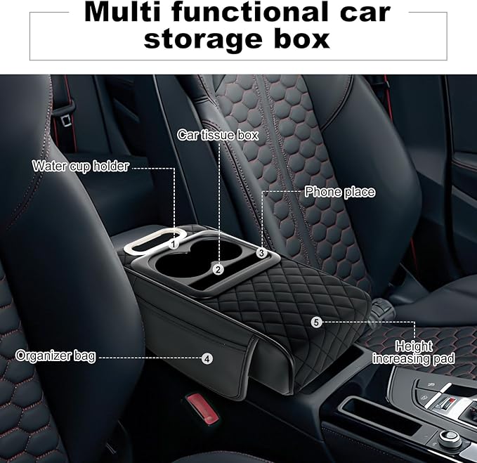 5-in-1 Arm Rest Cover Universal Armrest Storage Box Upgrade Memory Foam Console Cover with Cup for Car Phone Tissue Box Holder