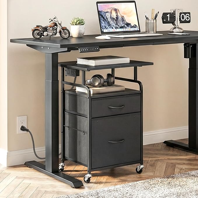 HOOBRO Printer Stand, Printer Table with Drawers, Mobile Filing Cabinet with Charging Station, Printer Cart for Home Office, Living Room, Black BB15UPS01