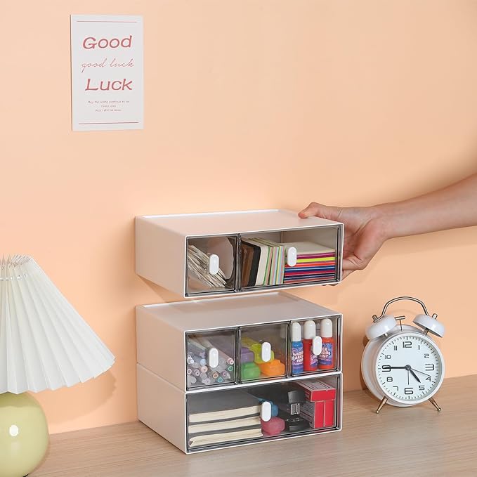 Desktop Storage Drawers, Plastic Desk Organizer with 2 Drawers, Modular Stackable Toolbox Units for Office Stationary, Makeup Container, Bathroom Countertop (Tall Layer, White & Clear)