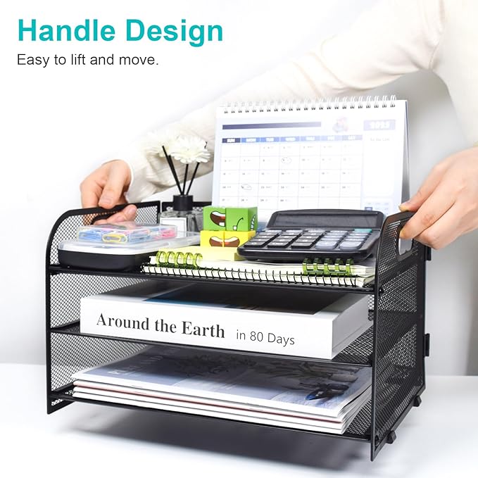 SAYEEC 3 Tier Paper Organizer Letter Tray with Handle Black Mesh Desk File Organizer with 1 Sliding Tray and 160 Paperclips Metal File Folder Holder Document Mail Paper Sorter for Office Home School