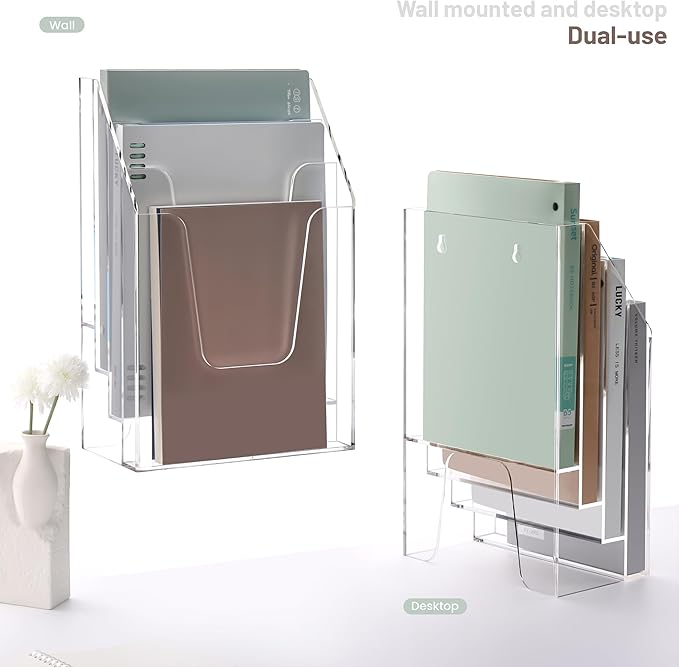 YUXUN Vertical Triple File Folder Holder Organizer,Acrylic File Organizer, File Sorter Clear Crystal