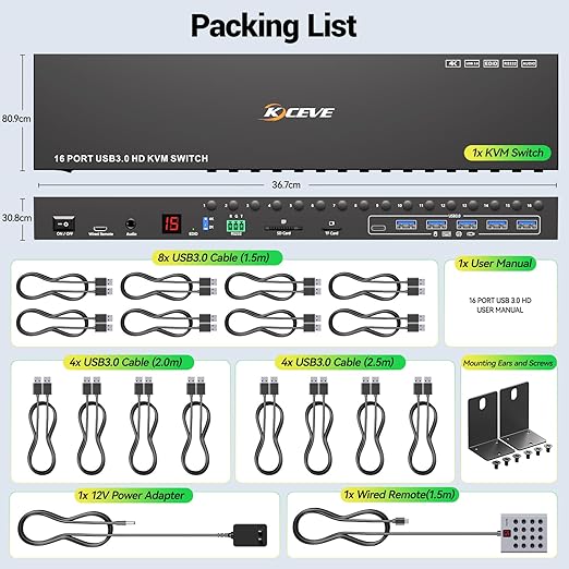 16 Port HDMI KVM Switch 4K@60Hz EDID Simulation,1U Rack Mount KVM Switch 16 Computers 1 Monitor, KVM Switches with 6 USB 3.0 Ports, TF/SD, Audio,RS232, Wired Remote & 12V Power+16 USB Cable Included