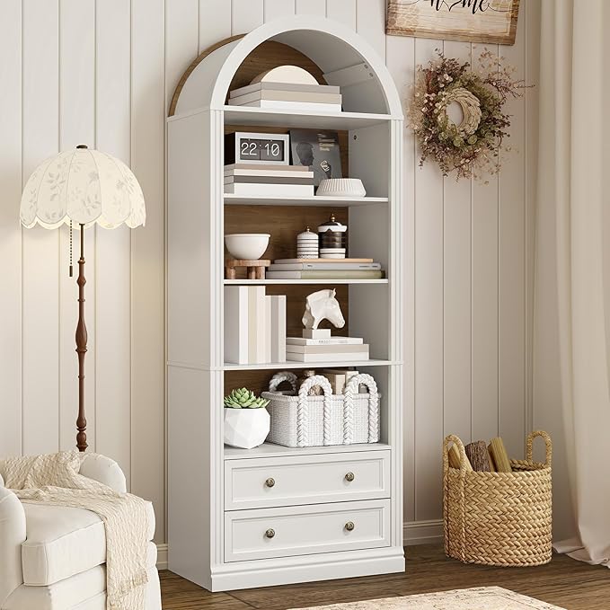 RALGEND Farmhouse Arched Bookshelf Set of 2, 7 Tiers Arch Bookcase with 2 Spacious Drawers, Modern Book Shelf with Open Display Shelves and Storage Cabinet, for Office, Living Room, Walnut and White