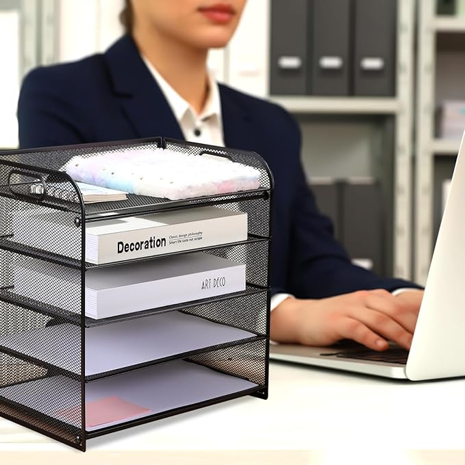 Cabilock 5 Tier Paper Organizer Letter Tray - Mesh Desk File Organizer with Handle Paper Sorter Holder for Letter/A4 Office File Folder