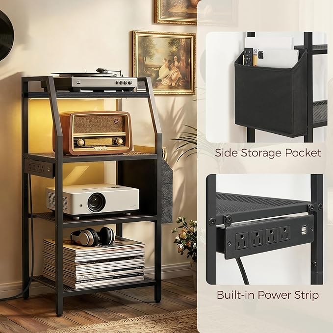 MAHANCRIS 4-Tier AV Media Stand with Power Outlet & LED Lights, Game Console Shelf with Side Storage Bag, Corner Stereo Stand Rack Audio Tower for Small Video DVD Players and Boxes, Black MSBK01E01
