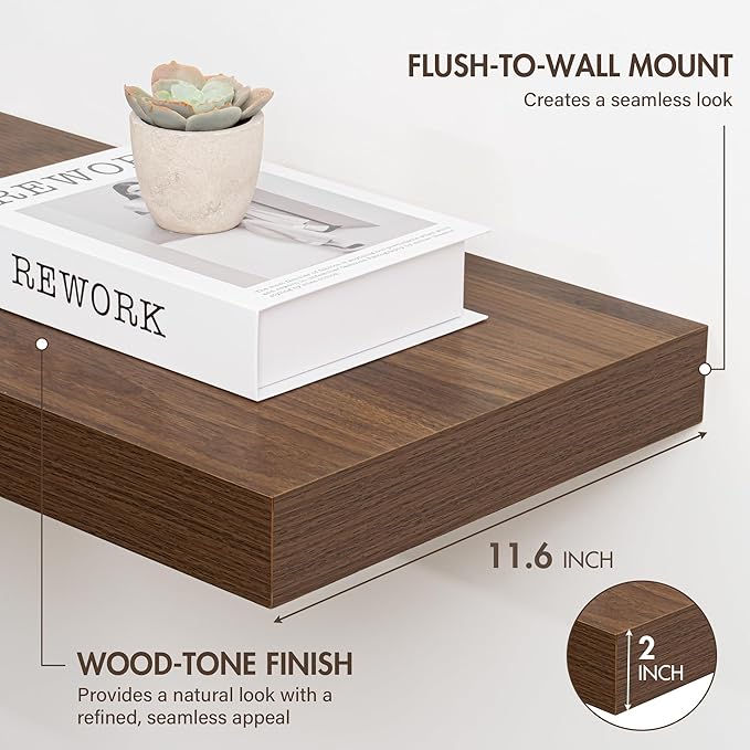 Acovy 24 Inch Floating Shelves, 12" Deep Floating Shelf Wall Mounted, 24" Wall Shelves, Rustic Deep Bookshelf, Extra Deeper & Thicker Display Shelves for Bedroom, Living Room, Walnut, Set of 2