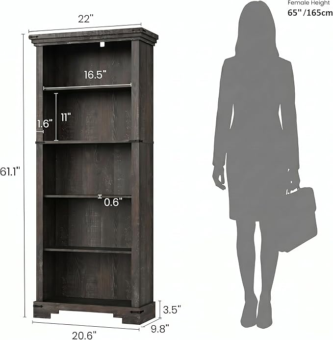 5-Tier Farmhouse Bookshelf, 61.1 inch Tall Bookcase with Storage & Unique Design & One Adjustable Shelf, Wooden Bookshelf for Study Room, Living Room, Home Office, Bedroom (Black)