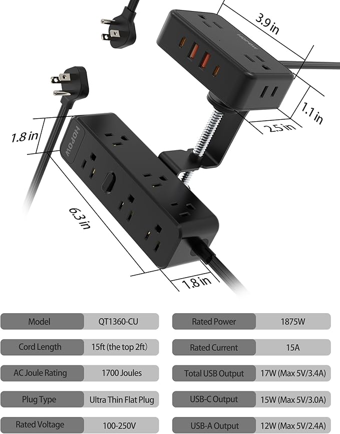 HOPOW 15 FT Dual Layer Desk Clamp Power Strip, Desktop Edge Mount Charging Station with 13 Outlets 4 USB Ports (2 USB C), Under Desk Surge Protector(1700 Joules), Extension Cord for Office Home