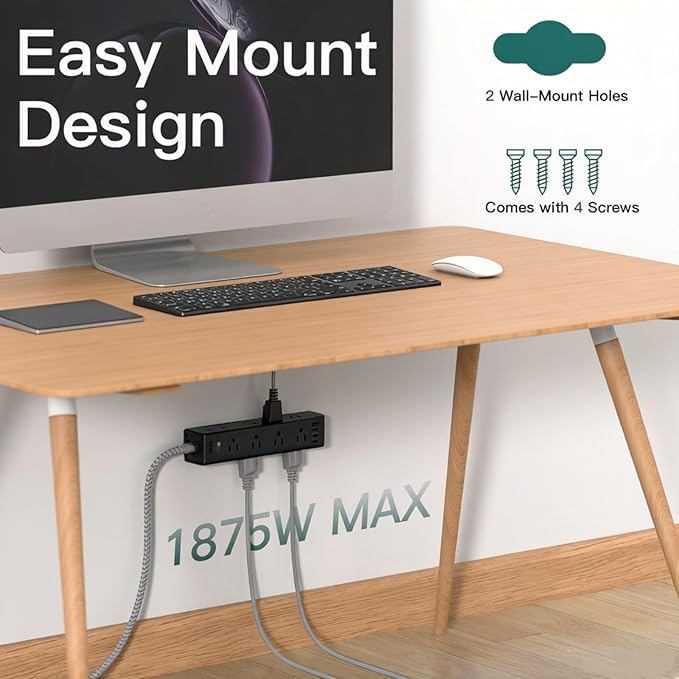Addtam 10FT Power Strip Surge Protector, 12 Wide Spaced Outlets 4 USB Ports, Flat Plug Extension Cord, Wall Mount Outlet Extender, 1050J Protection for Desk Office Gaming, ETL Listed, Black