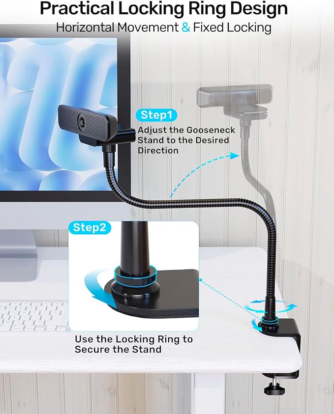 19-inch Gooseneck Webcam Mount Stand for Desk, Heavy-Duty Table Clamp & Flexible Arm for Logitech Webcam BRIO 4K C920 C920s C922 C922x C925e C930 C930e C960 C615 NexiGo N60, Cam with 1/4" Thread