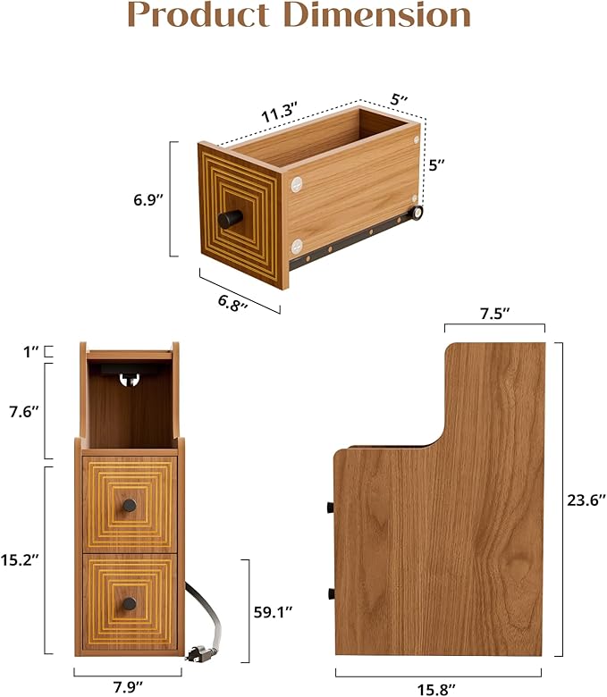 Set of 2 Narrow End Table with Charging Station, Slim Side Table with Gilt Line, Mid Century Modern Nightstand with Drawers for Living Room, Walnut