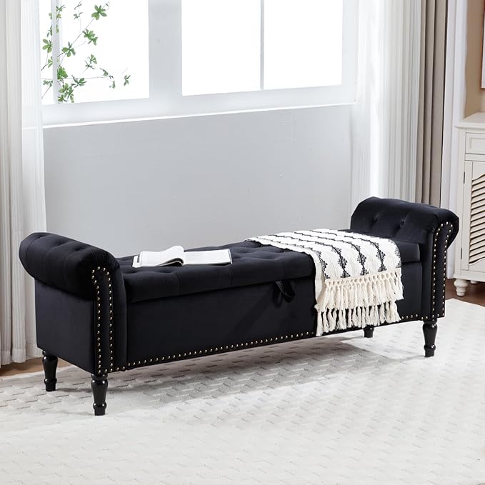 67'' Storage Bench for Bedroom End of Bed, Storage Bench for King Size Bed, Upholstered Tufted Storage Ottoman Benches with Arms for Living Room Entryway,Velvet Black