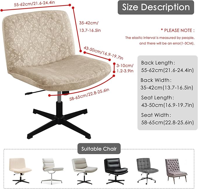 Criss Cross Chair Cover Armless Chair Slipcover Office Desk Chair Covers Velvet Embossing Mid Back Wide Seat Accent Chair Covers for Computer Chairs and Vanity Chairs(Velvet-Beige)