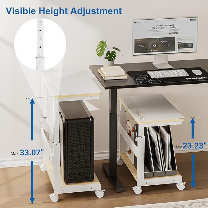 Height Adjustable Computer Tower Stand, 2-Tier ATX-Case CPU Holder with Mouse Pad & Headphone Stand, Mobile PC Standing Under Desk, Home Office Gaming Accessories, Computer Cart Wheels, Maple