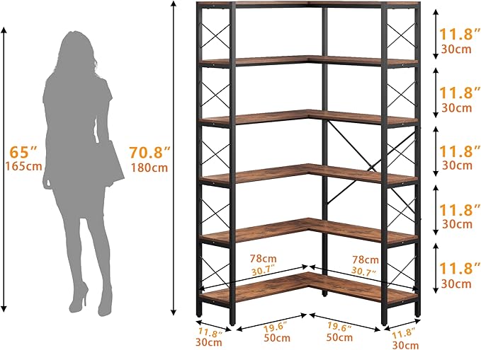 Wildhome 6-Shelf Corner Bookshelf, Vintage Industrial CornerBookshelf Etagere Bookcase, Large Book Shelf with Metal Frame Open Storage Corner Cabinet for Living Room Home Office（Retro Brown）