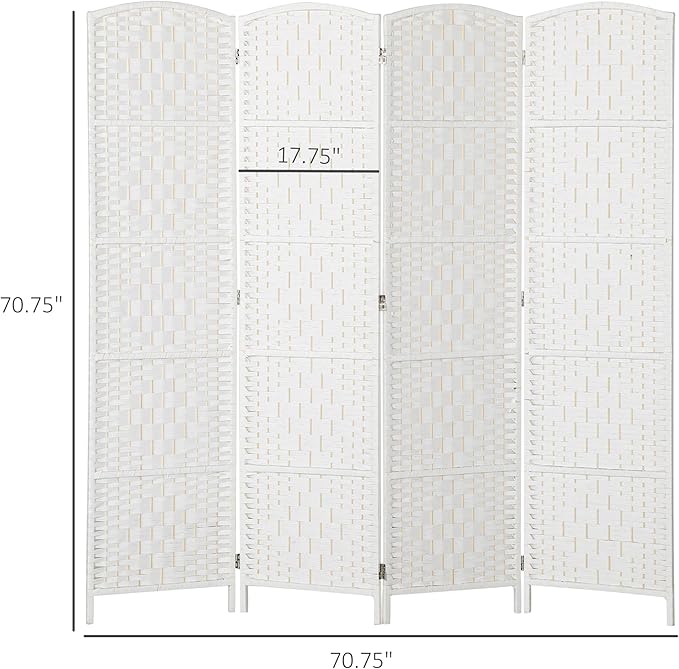 HOMCOM Room Divider 4 Panel, 6FT Tall Folding Privacy Screen, Freestanding Hand-Woven Partition for Room Separation with 360° Hinges, Paper Rope Diamond Weave, White