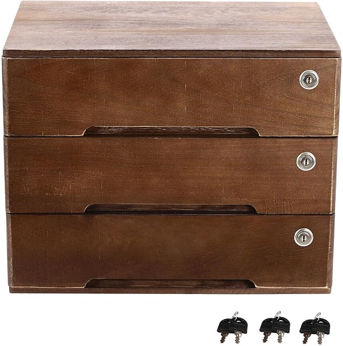 Wooden Desk Organizer with Drawers & Lock, Desktop Countertop Storage Cabinet Lockable Home Office Supplies File Tabletop Organizing Unit (3 Drawer - Retro Walnut)