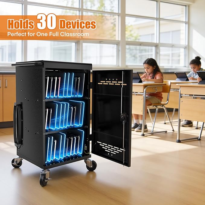 Laptop Charging Cart,30 Charging Station for Chromebook and iPad - Black Computer Charging Cart with Cable Management & Charger Organization for School Classroom & Office, Assembly Required