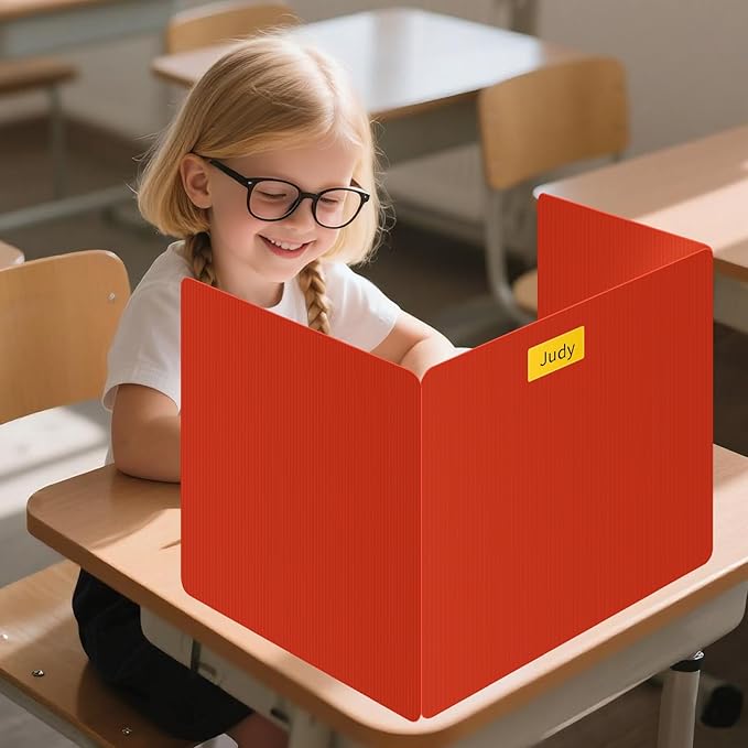6 Pack Red Desk Dividers for Students, Privacy Shields Folder for Students, Durable & Waterproof Plastic Study Board, Classroom Teacher Supplies Test Divider, Includes Extra Labels