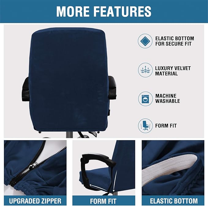 H.VERSAILTEX Velvet Home Office Chair Covers Stretchable Computer Desk Chair Covers Mid - High Back Universal Executive Boss Chair Covers Gaming Chair Cover Removable Machine Washable, Navy