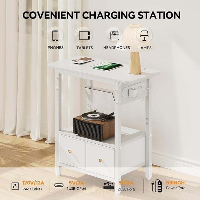 HLDIRECT Nightstand with Charging Station, Bedside Table with 2 Fabric Drawers and Large Storage Shelf for Small Space, End Table with Outlet and USB Ports for Living Room, Bedroom (White)