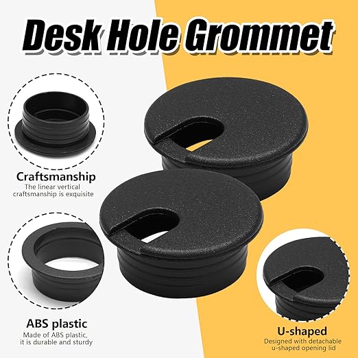 1-1/2 Inch (38mm) Black Desk Grommet, Plastic Cable Hole Cover Computer Table Cord Wire Organizer, Desktop Cord Management for Home Office/TV Stands Tabletops (6 Pack)