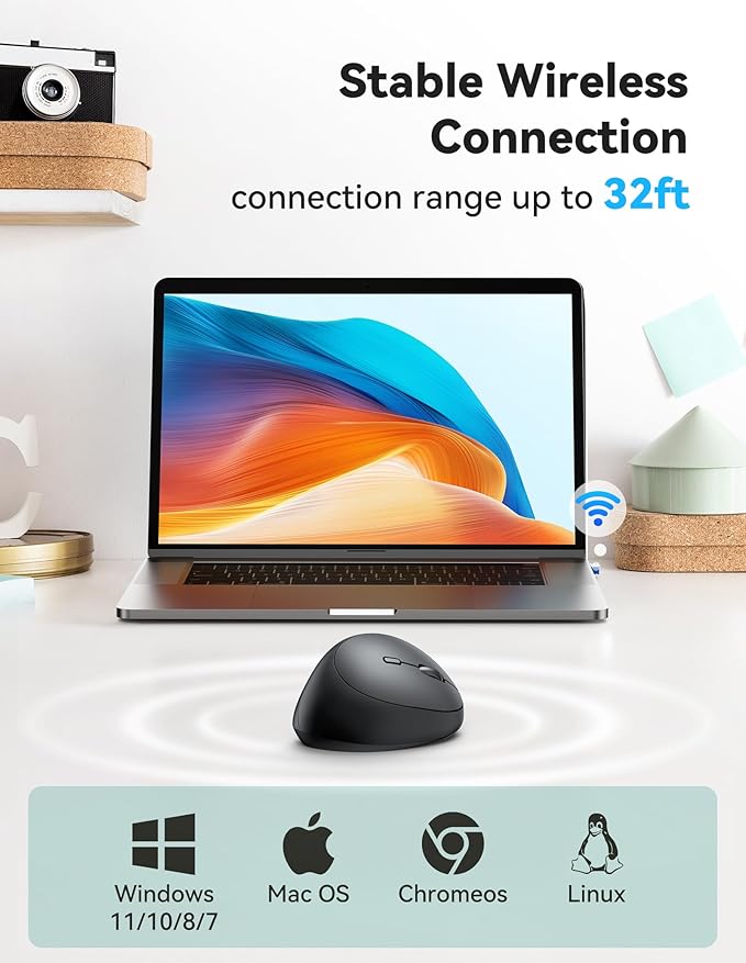 TECKNET Ergonomic Mouse, 4800 DPI Wireless Vertical Mouse, 5 Adjustable DPI Levels, 6 Buttons, 2.4G Silent Wireless Mouse for Laptop, PC, Chromebook, Mac - Dark Grey