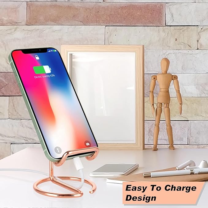 ROPOSY 2 Pack Cell Phone Stand for Desk, Cute Metal Rose Gold Cell Phone Stand Holder Desk Accessories, Compatible with All Mobile Phones, iPhone, iPad