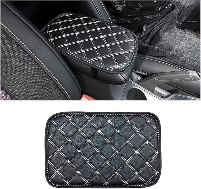 8sanlione Car Leather Center Console Cushion Pad, 11.4"x7.4" Waterproof Armrest Seat Box Cover Fit for Cars, Vehicles, SUVs, Comfort, Car Interior Protection Accessories (Black/White)