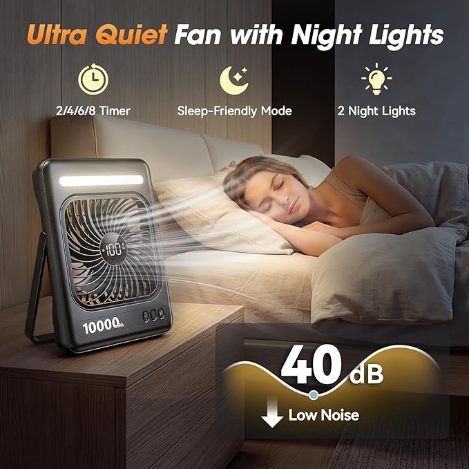 10000mAh Portable Travel Fan, 5 Speeds Strong Wind Cruise Fan with LED Lantern, 24H Runtime Cordless Personal USB Fan, 2/4/6/8H Timer, Ultra-thin Quiet Desk Fan for Camping, Office, Bedroom, Beach