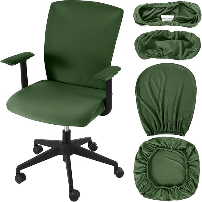 Tallew 4 Pcs Office Chair Covers Set Computer Universal Protective Stretchable Chair Seat Covers Desk Armrest Cover Pads Office Cushion Backrest for Rotating(Regular,Blackish Green)