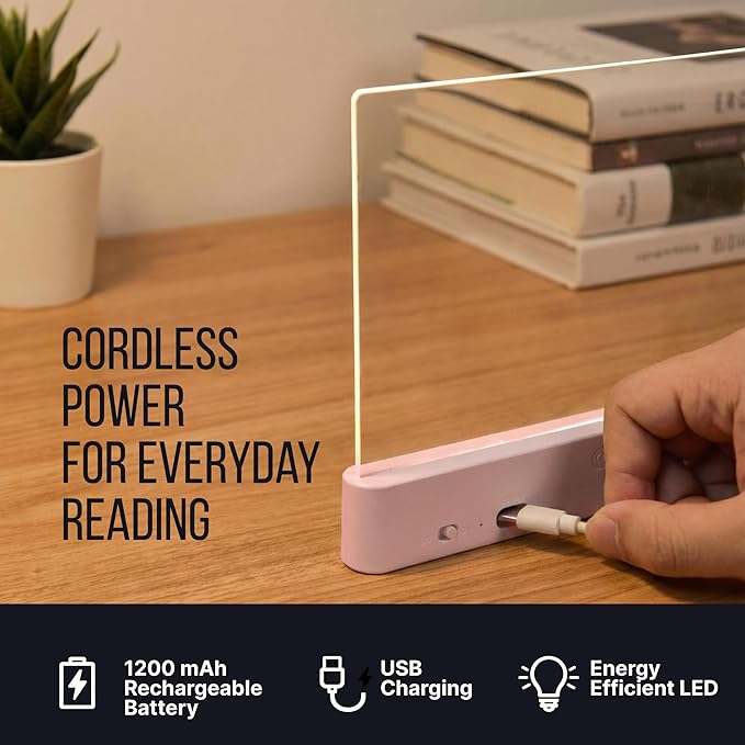 Book Reading Light Flat Screen Smart LED - Full Page Panel Lights for Books Reader in Bed at Night - Rechargeable Portable Dimmable Clear Study Lamp 3 Colors Timer for Bedside Travel (Pink)