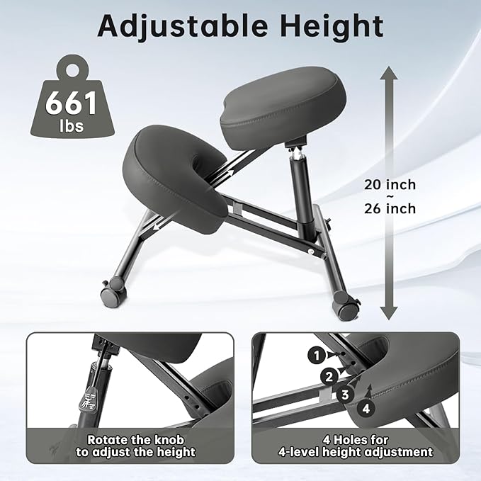 PU Leather Ergonomic Kneeling Chair, Adjustable Home and Office Stool with Thick Pads and Flexible Lockable Brake Wheels for Back Pain Relief（Dark Gray）