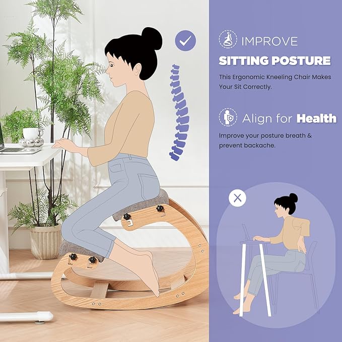 Ergonomic Kneeling Chair,Adjustable Rocking Knee Chair for Home Office,Wooden Office Chair for Back Pain Relief, Grey