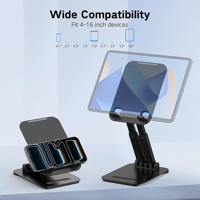 Tonmom Tablet Stand for iPad Holder, Adjustable Tablet Holder for Desk, Foldable Portable Monitor Stand Compatible with 4-16" Tablets Such as Kindle, Switch, iPad Pro/Air/Mini