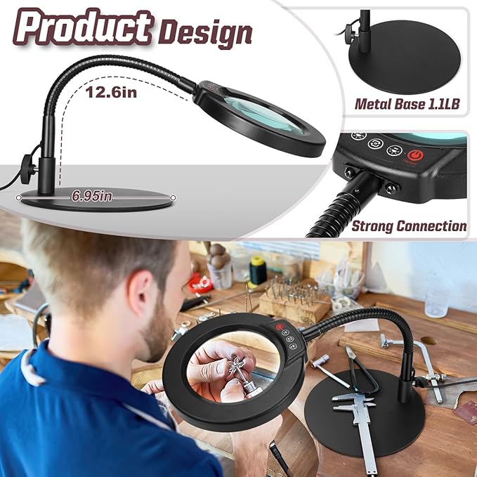 10X Magnifying Glass with Light and Stand, 5 Color Modes Stepless Dimmable LED Lighted Desk Lamp, Hands Free Magnifier with Flexible Goose-Neck for Craft Hobby Painting Sewing Close Work