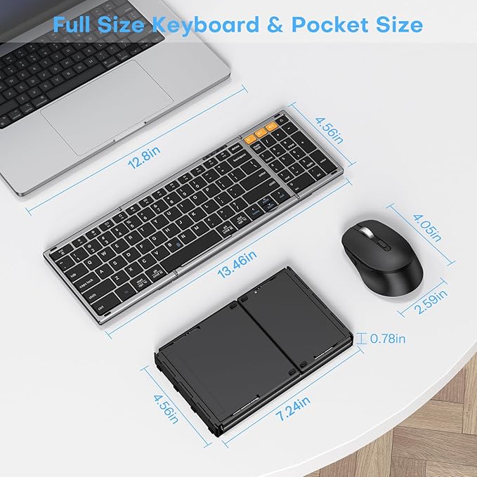 Foldable Keyboard and Mouse 2.4G Wireless + Dual Bluetooth, Portable Keyboard Mouse for Business Travel, OMOTON Rechargeable Ergonomic Design for iPad Android Tablet MacOS Windows Laptop, Space Grey