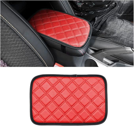 8sanlione Car Leather Center Console Cushion Pad, 11.4"x7.4" Waterproof Armrest Seat Box Cover Fit for Cars, Vehicles, SUVs, Comfort, Car Interior Protection Accessories (Rhombic Lattice Red)