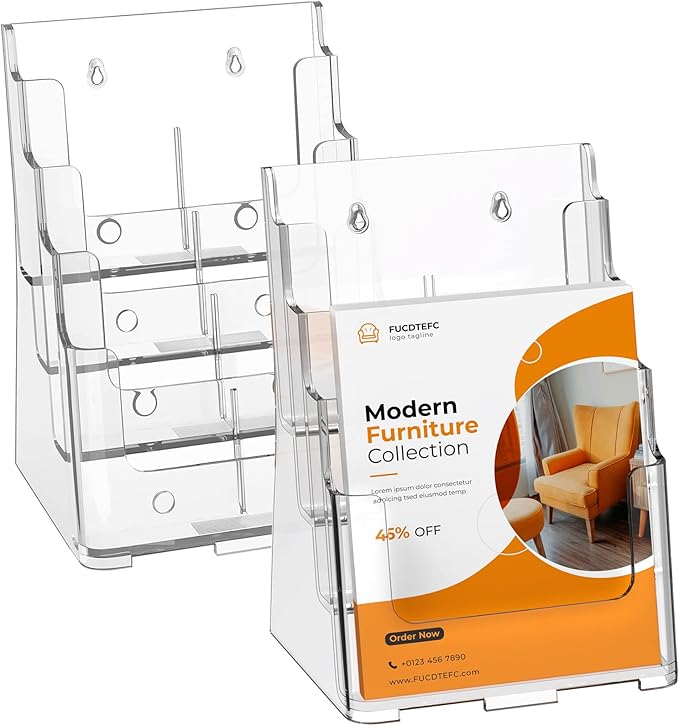 FUCDTEFC 2 Pack Acrylic Brochure Holder 8.5x11 & 4 x9 Inches, Clear 4 Tier Magazine Holder Brochure Display Stand w Removable Divider, Literature Pamphlet Flyer Holder for Wall Mount or Countertop